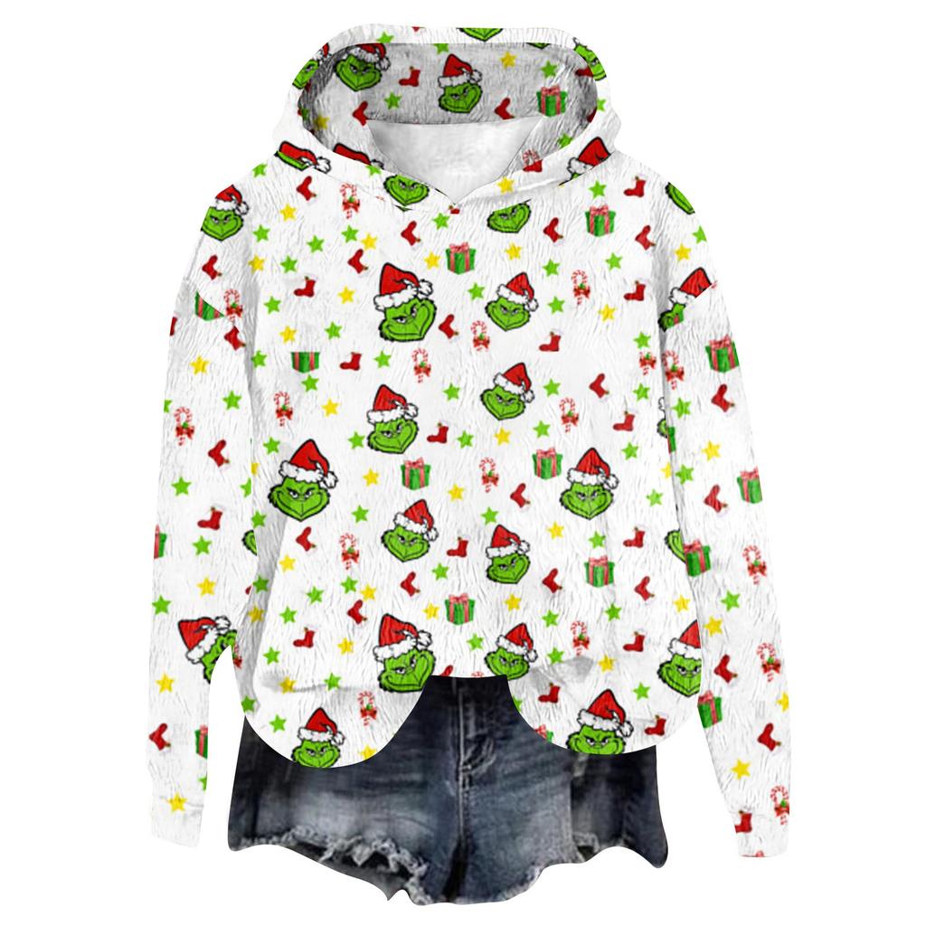 Women's Hooded Long Sleeve Christmas Printed Flannel Top Hooded Sweatshirt