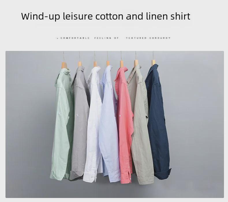 Мужская белая льняная рубашка с длинным рукавом - повседневный свободный крой, в японском стиле, дышащая хлопковая смесь
