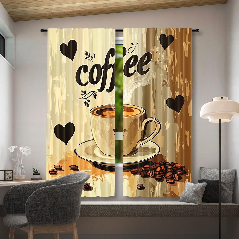 Coffee-Themed Printed Rod Pocket Curtains: Decorative Living Room, Bedroom, or Office Décor