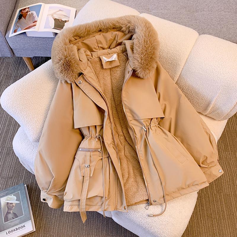 Women Autumn Winter Fur Collar Long Sleeve Solid Color Drawstring Parka Hooded Chic Warm Coat