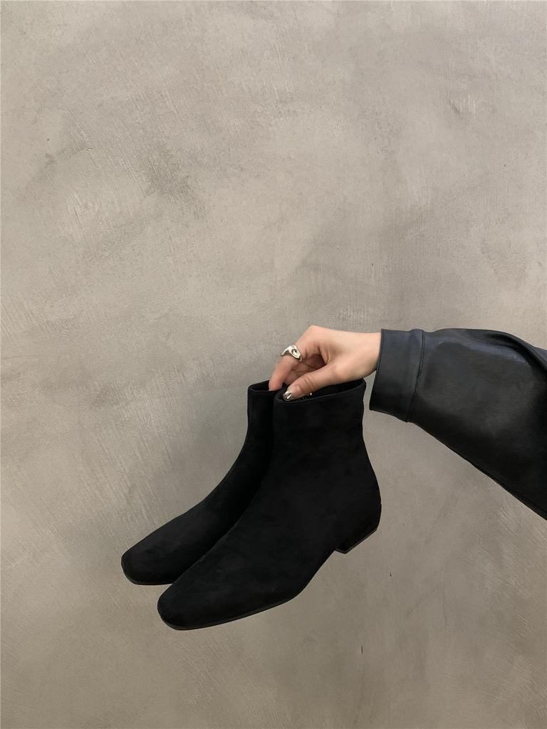 Французские ботильоны на толстом каблуке цвета хаки, женская обувь 2025, новые бархатные ботильоны, ретро замшевые корейские маленькие короткие ботинки