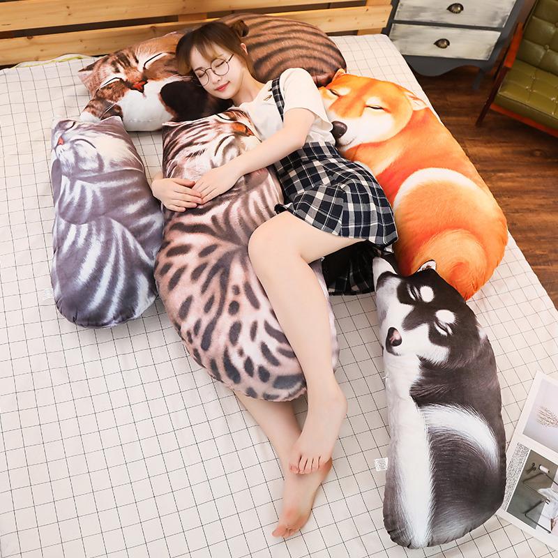 Cute Cat Dog Animal Pillow Simulation Creative Strip Sleeping Pillow Doll Children Plush Toy Bed