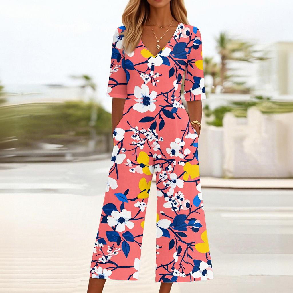 Женский свободный повседневный комбинезон с V-образным вырезом и принтом, облегающий комбинезон с широкими штанинами, комбинезон с широкими штанинами