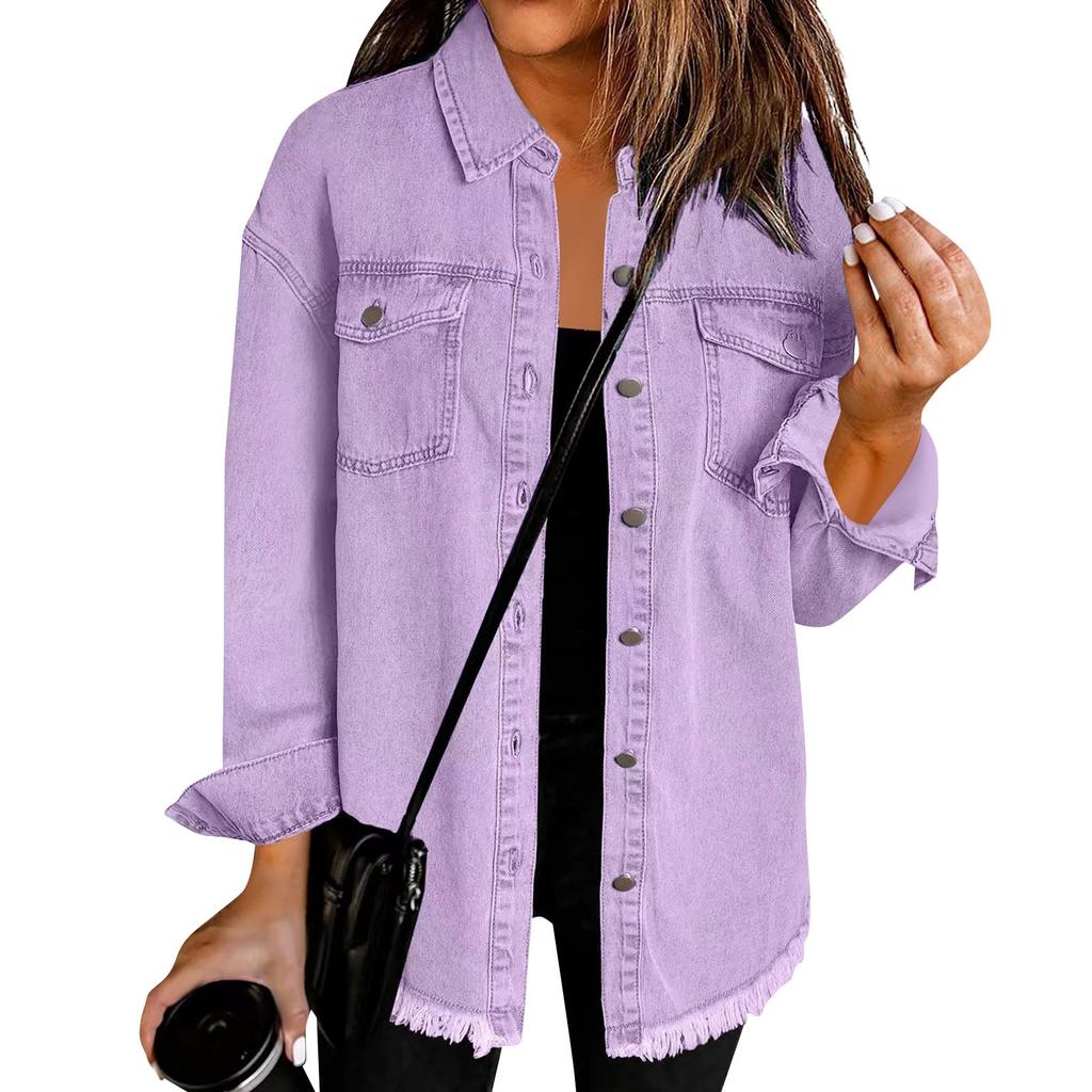 Women's Fashion Denim Shirt Jacket Milled Hem Button Casual Long Sleeve Jacket