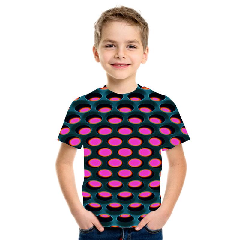 Summer Round Neck 3D Geometric Pattern Printed Top Fashionable Casual Short Sleeved Children's Boy T-shirts