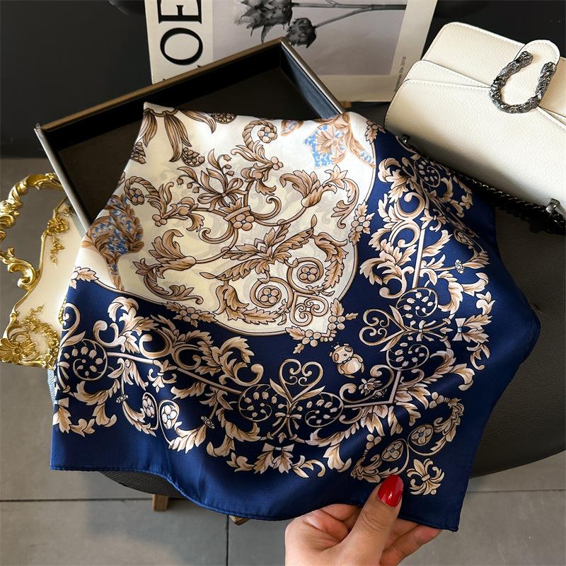 Spring/Summer New70*70cm Square Scarf Breathable Flower Print Neckerchief Women’s Classical Imitation Silk Bandannas