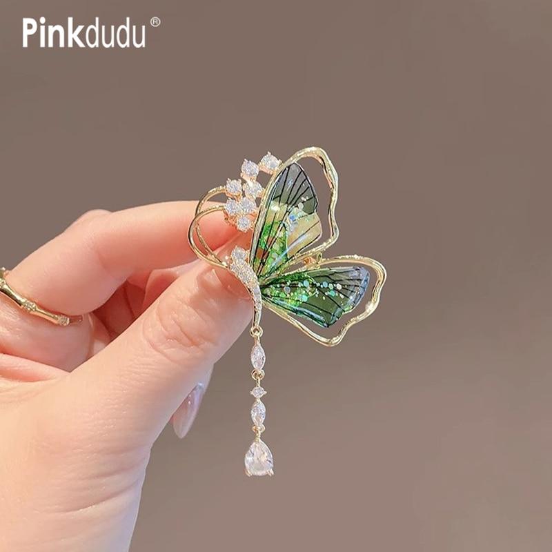 Pinkdudu 2023 Корейская брошь в виде зеленой бабочки, романтическая роскошная креативная фиолетовая металлическая брошь из смолы, булавки для женщин, ювелирные изделия PD1228