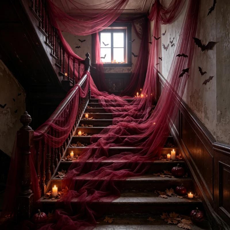 2pcs Burgundy Overlength Tulle Fabric for Halloween Wedding DIY Deco Black Polyester Tulle Table Skirt Ceiling Halloween