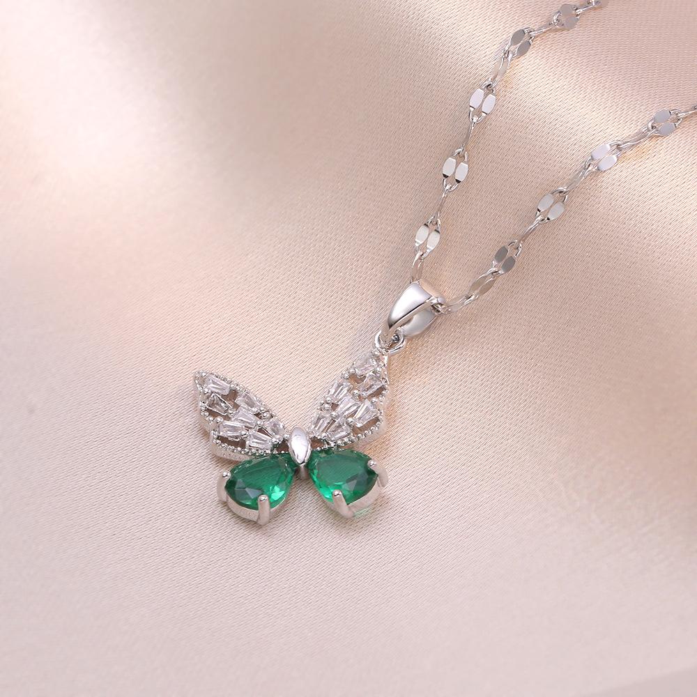 Full Zirconium Butterfly Pendant Stainless Steel Necklace Women's Simple and Versatile Necklace