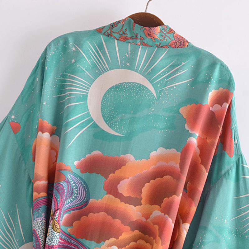 Женские повседневные топы для сна в пляжном стиле для отпуска, летняя мода, высококачественное легкое роскошное свободное кимоно с ретро-принтом
