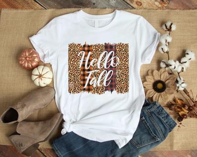 Hello Fall Leopard Buffalo Plaid Autumn Fall Gift Men's and Women's T-shirts