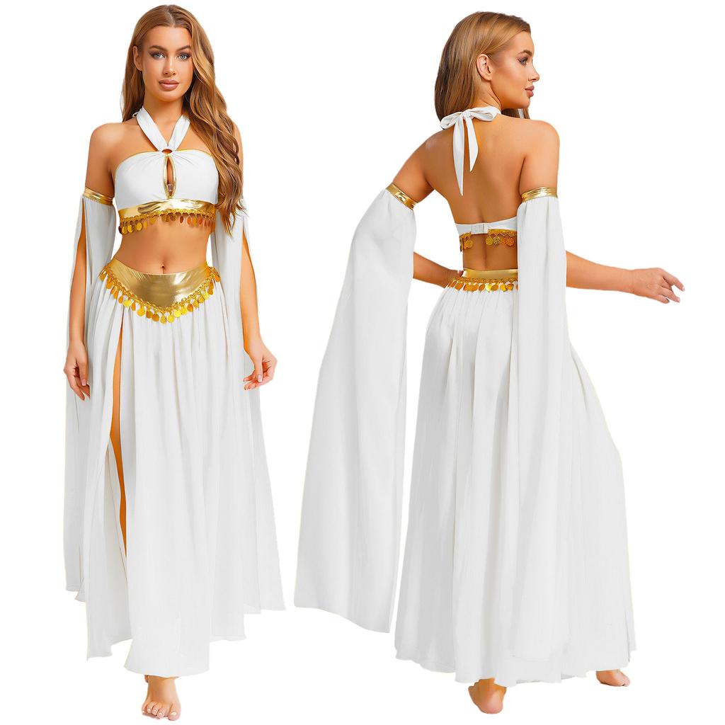 Women's Belly Dance Costume Set: Self-Tie Halter Crop Top with Built-In Briefs & Side Slit Chiffon Skirt + Removable Split Sleeves