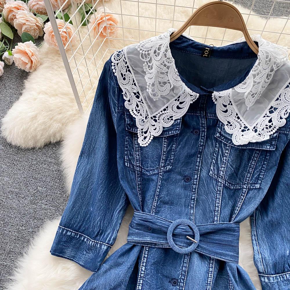 RUGOD Платье с французской талией и кружевной строчкой, джинсовое платье-рубашка на пуговицах с рукавами три четверти, чувство маленького темперамента