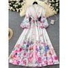 2025 New Niche Palace Style French Style Formal Dress Waist Hugging Slimming Lantern Sleeve Single-Breasted Long Print Dress