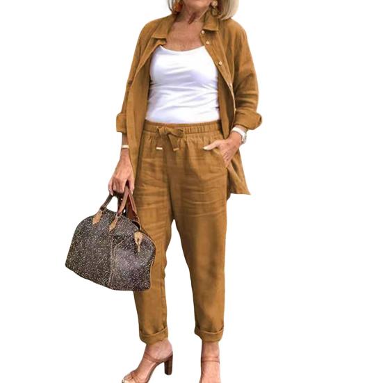 2 Pcs/Set Women Shirt Pants Set Loose Lapel Single-breasted Mid Length Long Sleeve Blouse High Elastic Waist Wide Leg Trousers Daily Wear Clothes