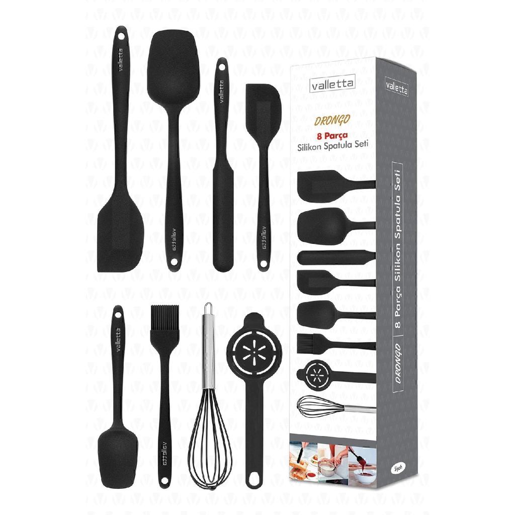 Drongo Heat Resistant Fireproof Nonstick Silicone Spatula Set 8 Pieces Black