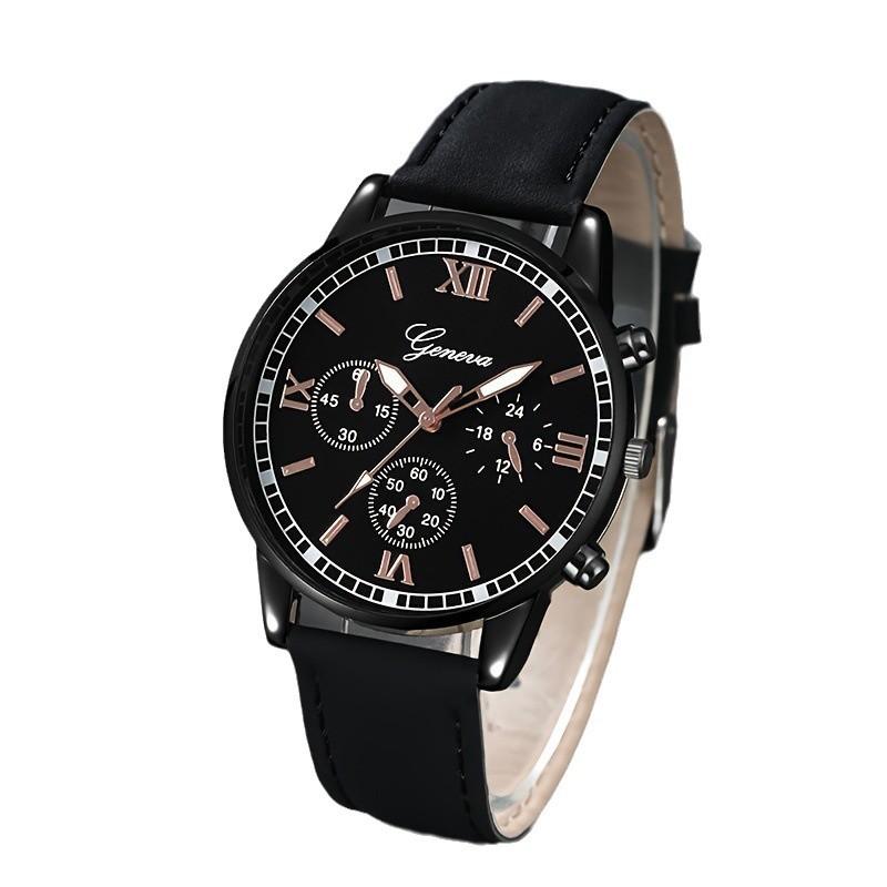 Men'S Casual Fashion Business Black Shell Three Eyes Belt Quartz Watch Set