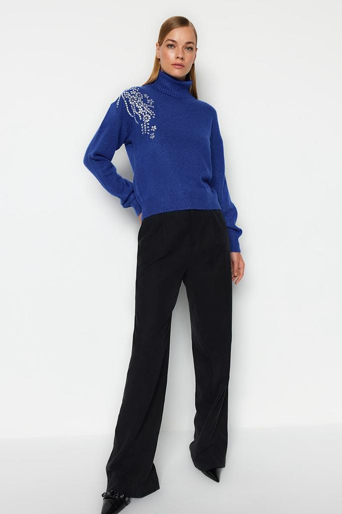 Women's Fashion Stylish Sweater Black Soft Textured Stone Detailed Turtleneck Knitwear Sweater