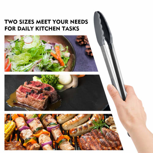 Hotec Tongs, Stainless Steel Kitchen Tongs with Silicone, for BBQs and Grills, Heat-Resistant, Antibacterial, Lockable Storage, Set of 2 (Gray), 23cm