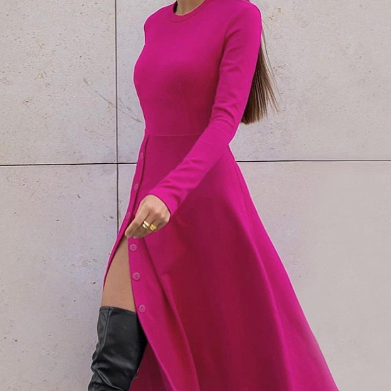 RUGOD European and American Niche Long-sleeved Dress Commuter Fashion Knitted High Waist A-type Slit Pleated Simple Women