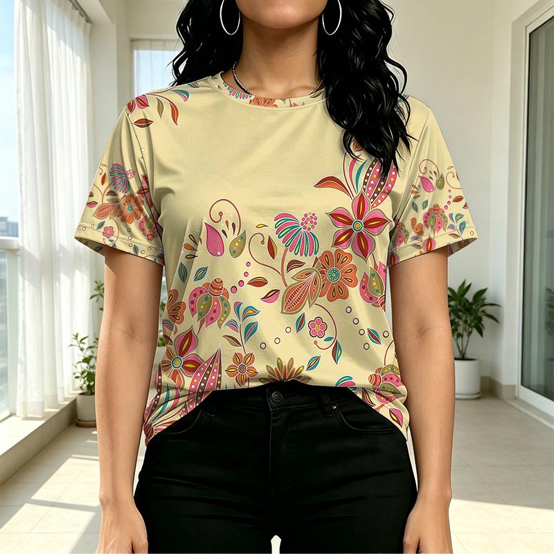 Women's Short Sleeve T-Shirt, American Basic Floral Collection, Soft Fabric, Versatile – Ideal For Daily Casual Wear & Outings
