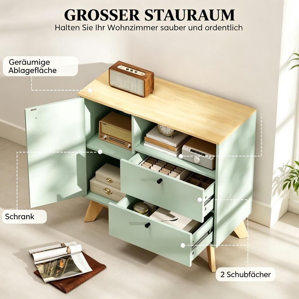 Buffet-Salon, storage furniture with door, 2 drawers, open compartment and adjustable shelf