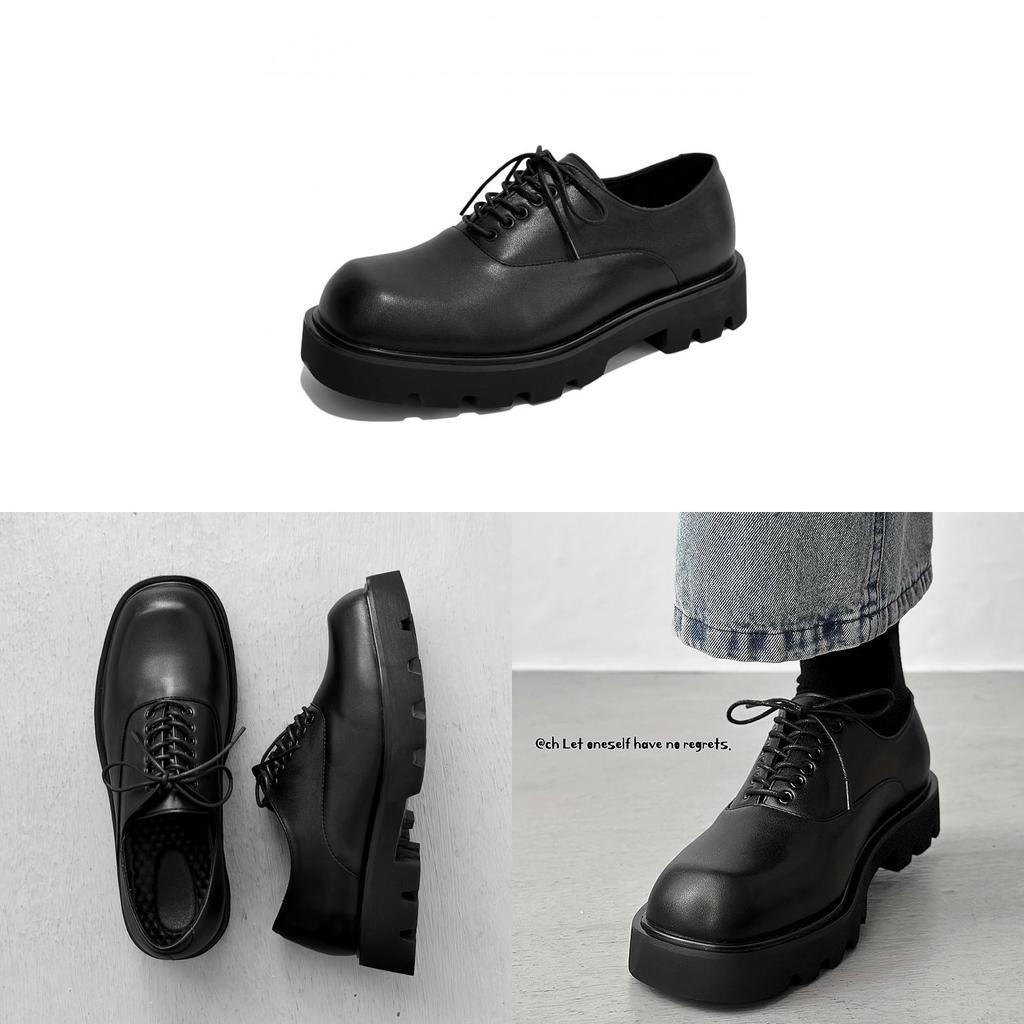 Square Headed Solid Color Leather Shoes With Thick Sole And Antislip Rubber For Men