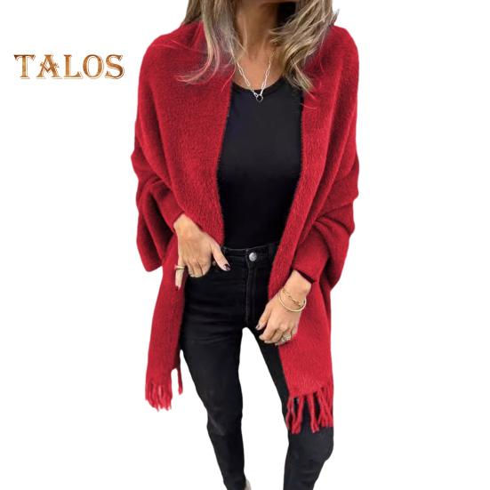 Winter Fall Women Jacket Thick Fleece Fringe Tassel Hem Long Bat Sleeves Open Stitch Cardigan Knitted Fuzzy Mid Length Coat Outdoor Daily Wear Shawl
