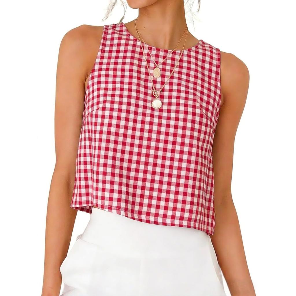Summer New Women's Buttoned Crew Neck Sleeveless Plaid Cropped Tank Top for Leisure