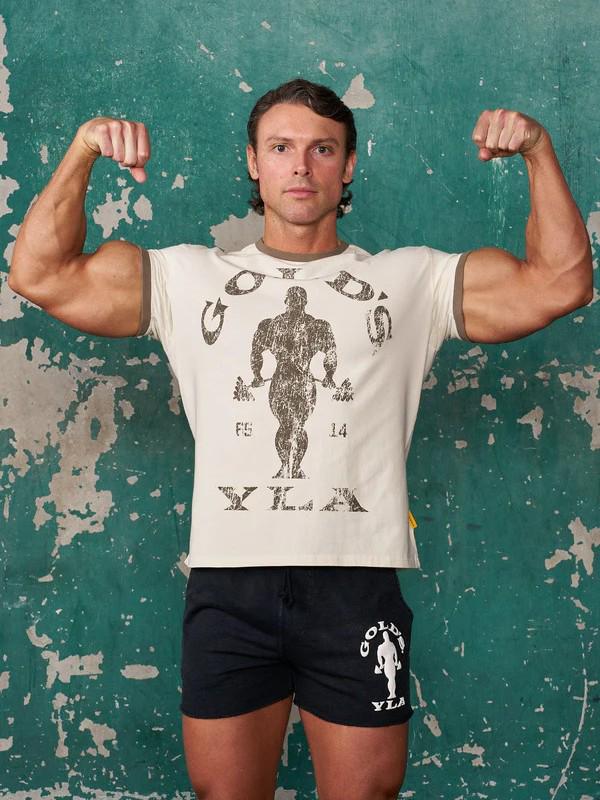 Ретро-футболка с коротким рукавом и эластичностью YoungLA x Gold's Gym для мужчин и женщин