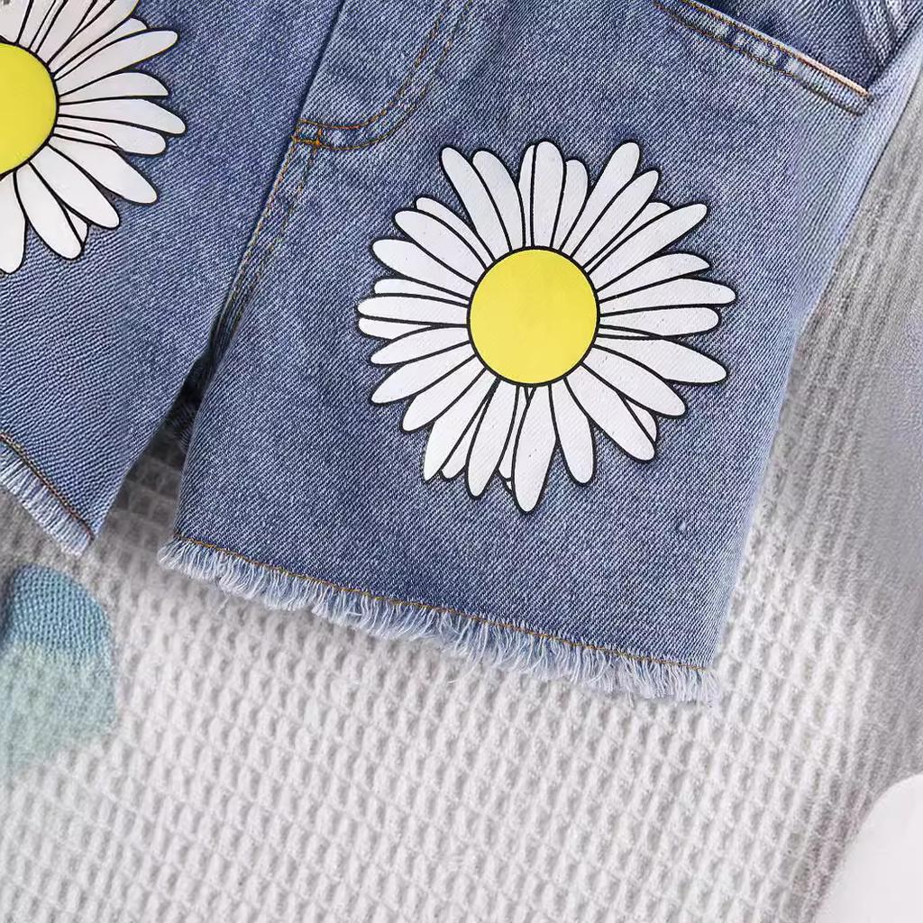 Girls' Suit Summer Children's Solid-color Short-sleeved Top and Denim Shorts