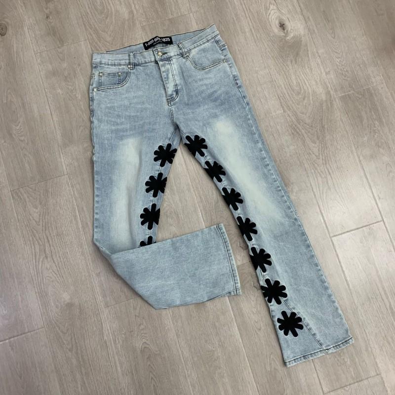 Mens Streetwear Straight Fit Denim Jeans With Embroidery Distressed Wash Button Fly Mid-Rise Stretch Cotton Blend