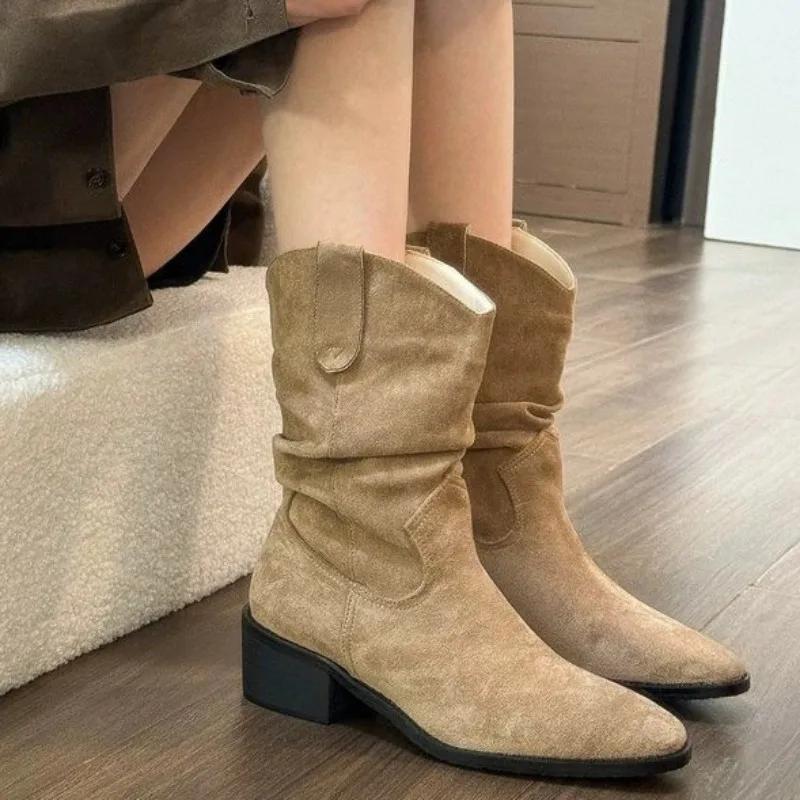 Boots Women 2024 New Fashion Pleated Women's Mid Calf Low Heel Ladies Pointed Toe Knight Boots High Quality Ankle Boots