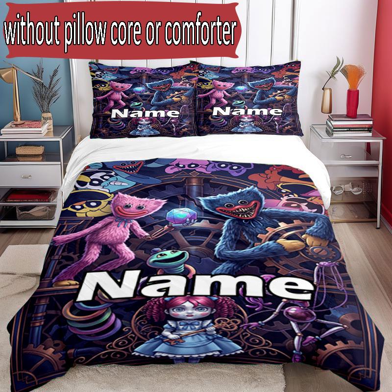 3pcs Duvet Cover Set (1*Duvet Cover + 2*Pillowcase, Without Core), Custom Name Poppy Playtime Pattern Bedding Set, Home Bedroom Decor Gift