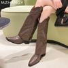 Массивные женские сапоги до колена на среднем каблуке, модные кожаные туфли с острым носком, зима 2024, тренд, готическая женская обувь, снежные ботинки Chelsea Mujer