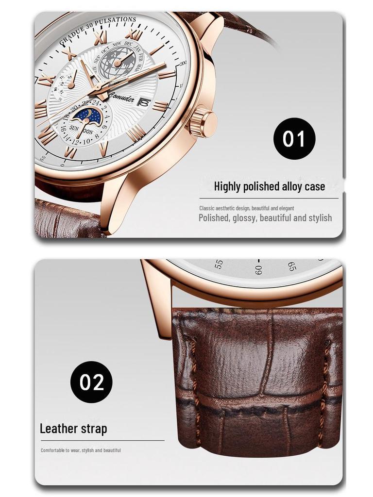 Швейцарские мужские кварцевые часы с кожаным ремешком - настоящие водонепроницаемые брендовые часы