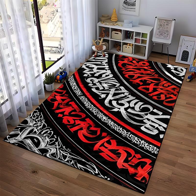 Abstract Red and Black Calligraphy Design Rug Non-slip rug suitable for living room and bedroom sofas