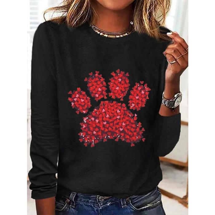 Round Neck 3D Printed Love Cat Footprint Pattern Top Fashionable Casual Long Sleeved Women's T-shirts