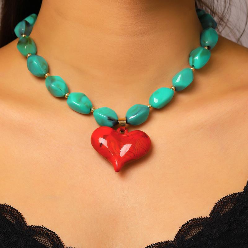 Exaggerated Colorful Resin Large Heart-Shaped Pendant Necklace for Women Vacation Style Irregular Beads Choker Necklaces Jewelry