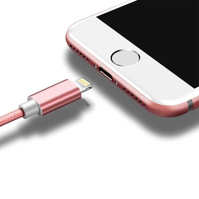 Câble pour téléphone mobile - Compatible avec iPhone - Nylon - 1m - Couleur Rose - USB