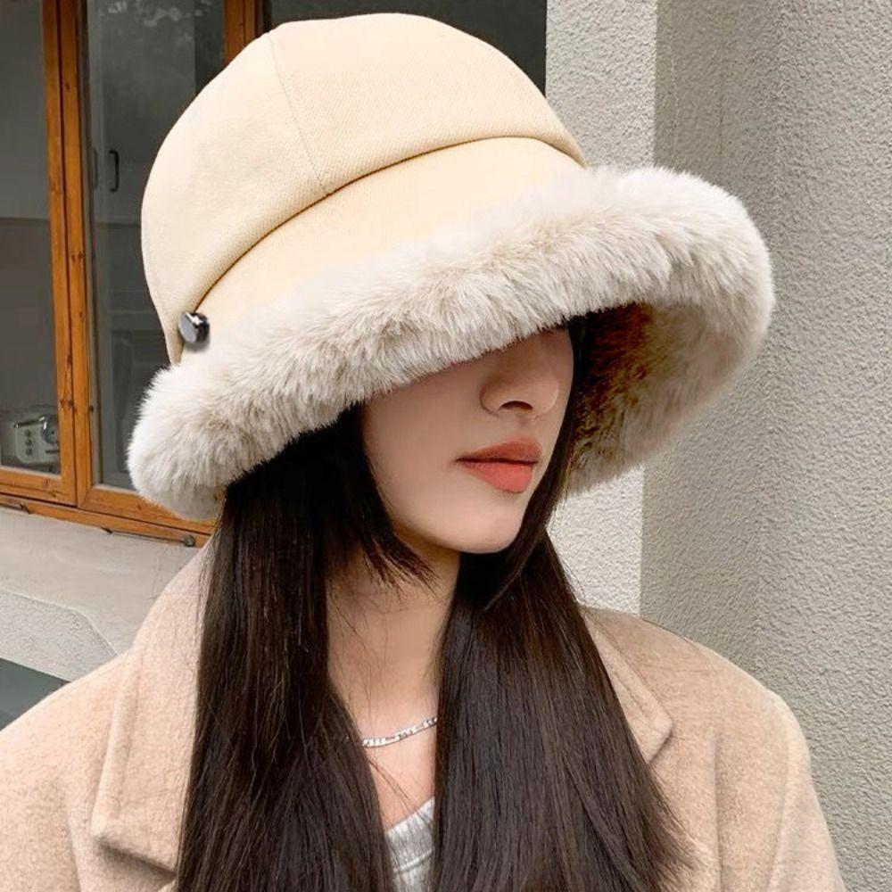 Wide Brim Fluffy Fur Bucket Hat Windproof Warm Cap Vintage Winter Fisherman Hat Woman