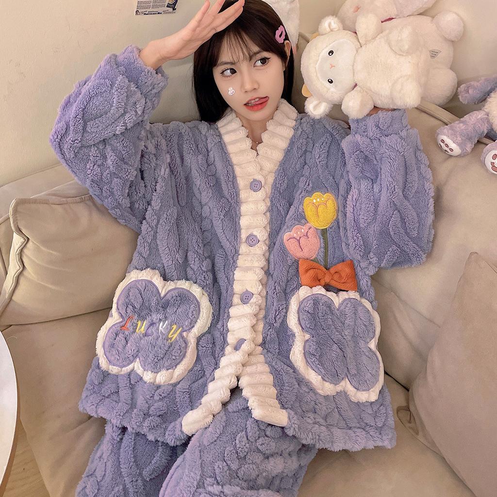 Coral Velvet Pajamas Winter Women Clothing Pajamas Sets Two Pieces Warm Flannel Thick Cute Kawaii Sleepwear Loungewear Suits New