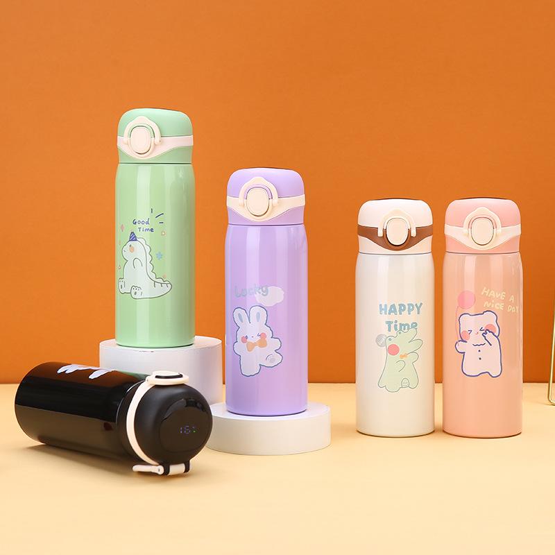 Новый мультяшный светодиодный дисплей с температурой, пружинная чашка из нержавеющей стали, прямой термос для напитков, подъемное кольцо, портативная милая детская чашка для воды