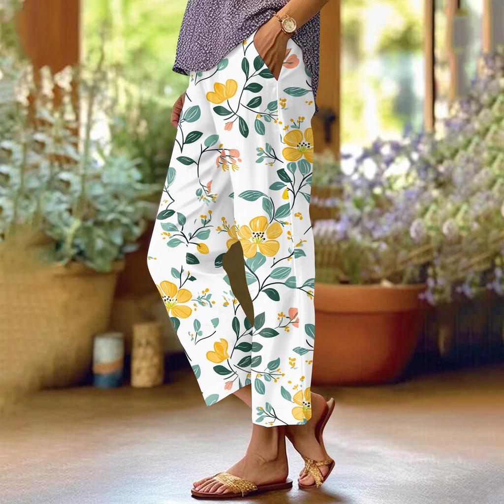 Women's Fashionable Floral Print Straight Leg Pocket Elastic Waist Casual Pants Pants