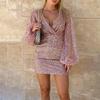 Women's Sexy Sequin Bodycon Dress Sheer Long Sleeve Deep V Neck Mini Dress Sparkly Evening Party Dress for Night Clubs