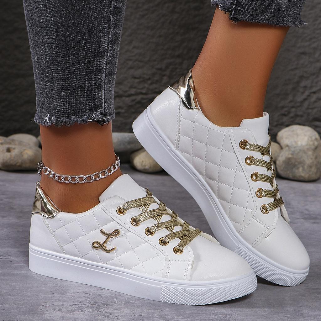 Women's Sneakers Fashion Golden Shoelaces Flat Woman Soft Sole Casual Walking Vulcanized Shoes Women Sneakers Zapatos De Mujer