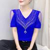 Elegant Summer Women's European T-Shirt Sexy V-Neck Shiny Hot Diamonds Streetwear Girl Tops Clothes Short Sleeved Slim Mesh Tees