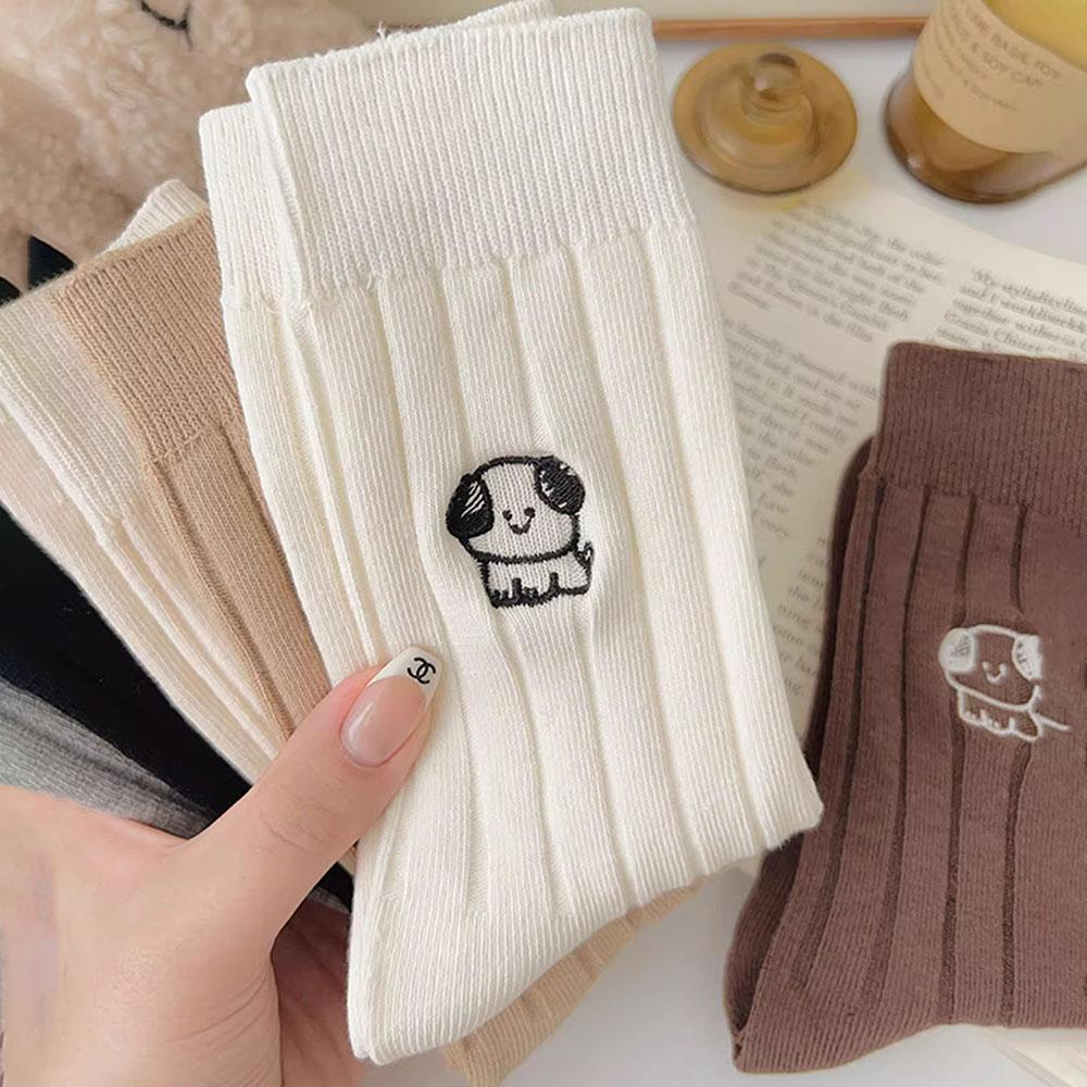 Женские милые осенние и зимние повседневные носки средней длины с вышитым щенком, модные хлопковые носки для девочек