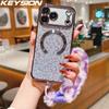 KEYSION Чехол-бампер для iPhone 13 14 15 16 17 Pro Max 17 Air 16 Plus с леопардовым принтом, блестками, магнитом и плюшевым ремешком, противоударный