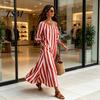 Lightweight Women Dress Summer Striped Long Dress, Off Shoulder Sleeve Casual Loose Swing Ankle Length with Side Pocket Polyester